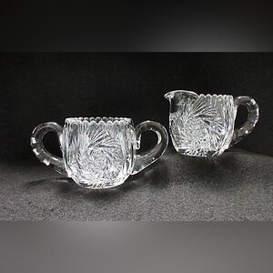 VTG ABP American Brilliant Cut Glass Crys Pinwheel Hobstar Sugar Bowl & Creamer